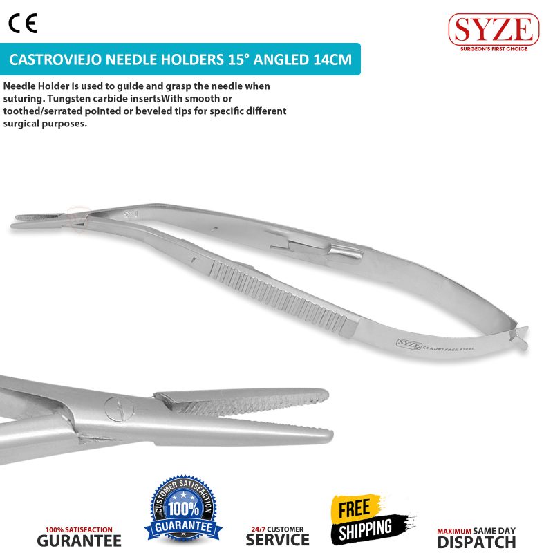 15° Angled Castroviejo Needle Holders 14cm Serrated