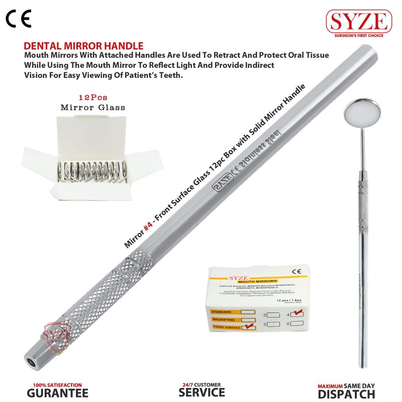 Mouth Mirror No 4 - Front Surface Glass 12 Pieces Box with Solid Mirror Handle