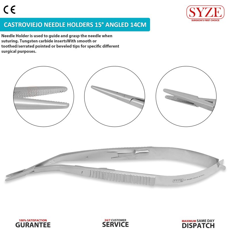 15° Angled Castroviejo Needle Holders 14cm Serrated