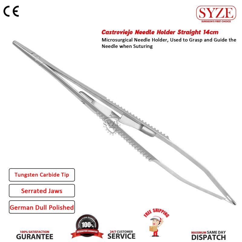 Castroviejo Needle Holders Straight 14cm Serrated Tip