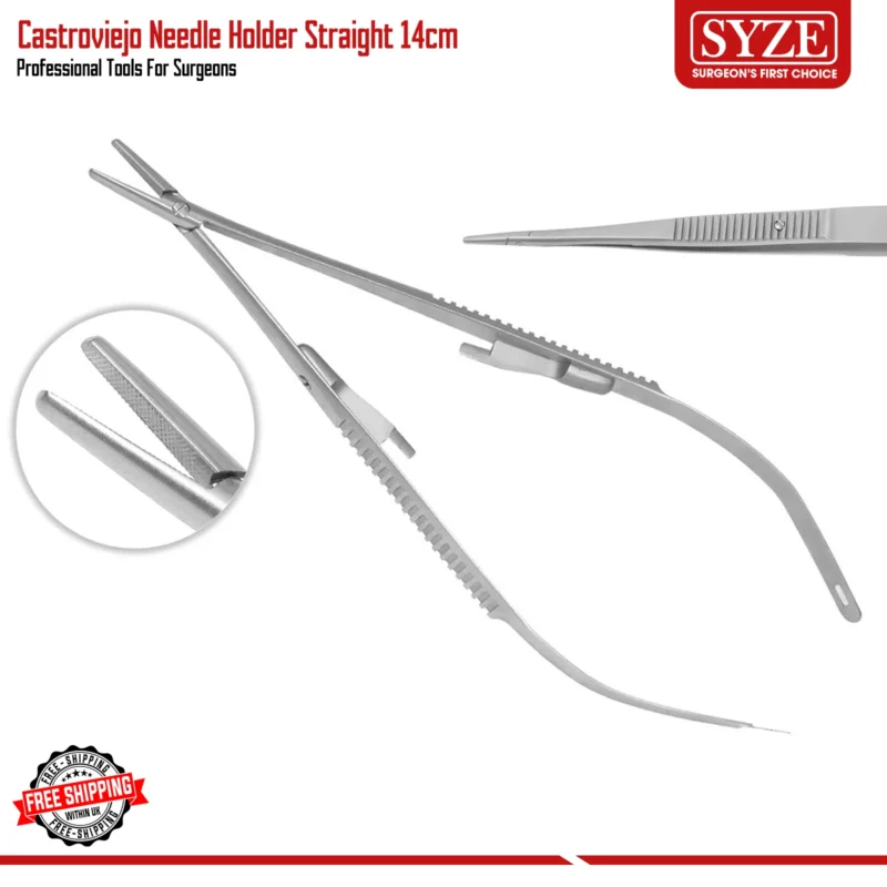 CASTROVIEJO NEEDLE HOLDERS Straight 14cm Serrated Tip